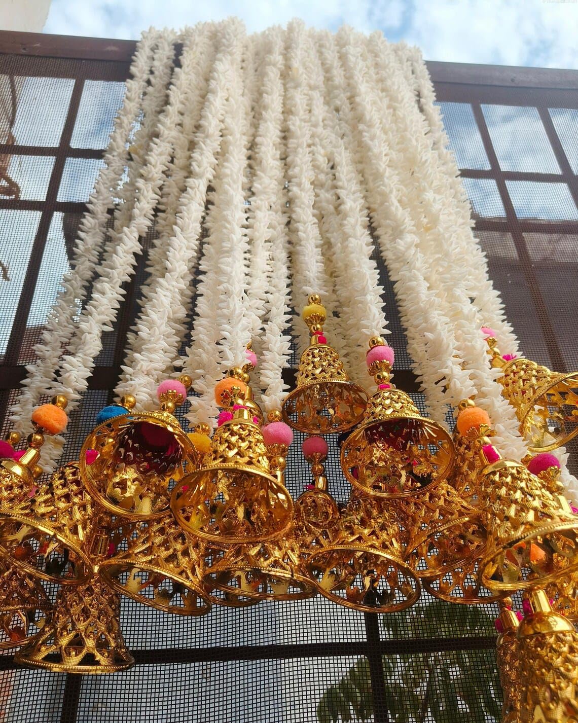 Nutts Handmade Traditional Artificial Ranjigandha Toran | Decorative Golden Bell Hanging for Main Door Entrance (PMPMT105)