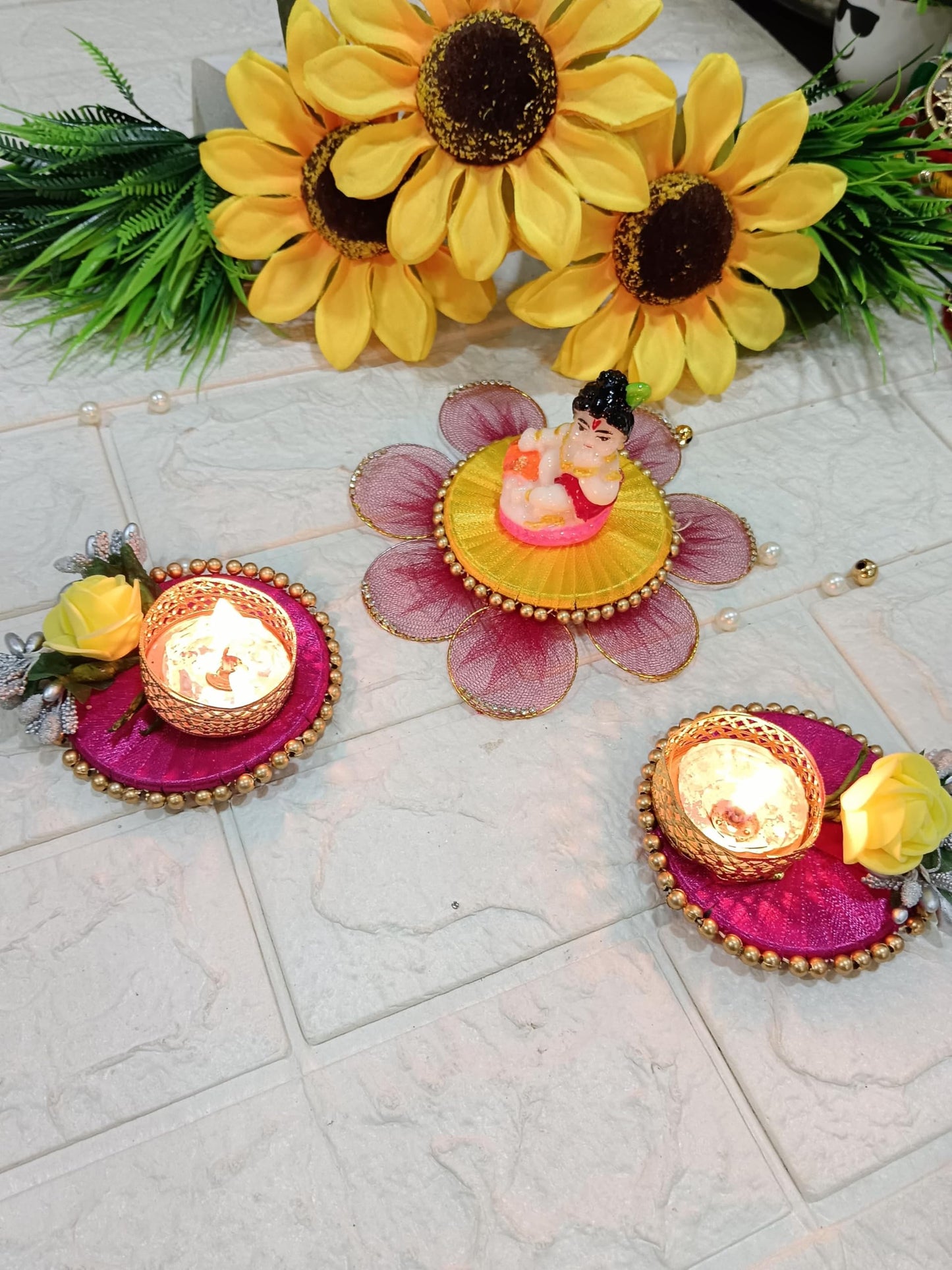Sellplus Handcrafted Designer Floral Tealight Holder with Laddu Gopal Idol Decorative Pooja Diya Set for Festive Home Decor (Pack of 3) (Tealight-217)