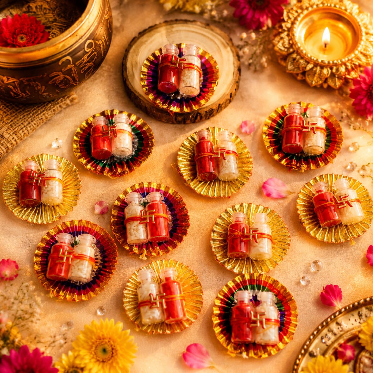 Sellplus Traditional Handmade Roli Chawal Pooja Thali Festival Tilak Ceremony Mandir Decor Wedding Diwali Navratri Decorative (RC13)