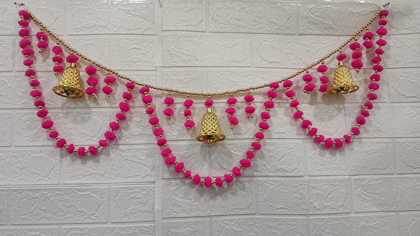 Sellplus Decorative Handcrafted Pom-Pom Beads Bandhanwar | Traditional Jaal Chudi Bell Pom-Pom Multicolour Bandhanwar for Main Door Decoration (Pack of 1) (BDHW506-2 (Pink))
