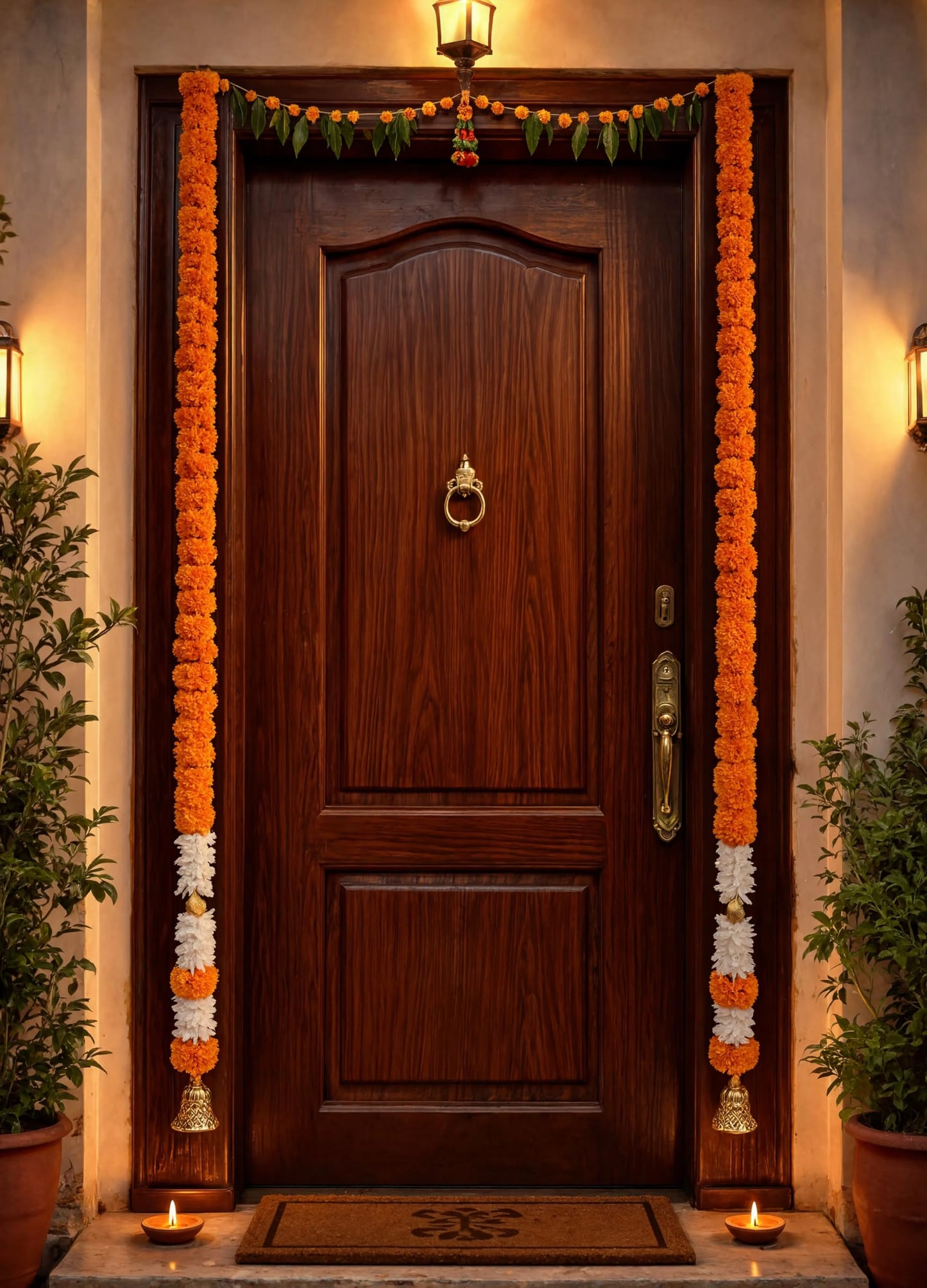 Nutts Handmade Orange White Artificial Genda Flower Hanging with Decorative Bells Traditional Door Wall Pooja Festival Decoration Reusable Home Decor (PMPMT158)
