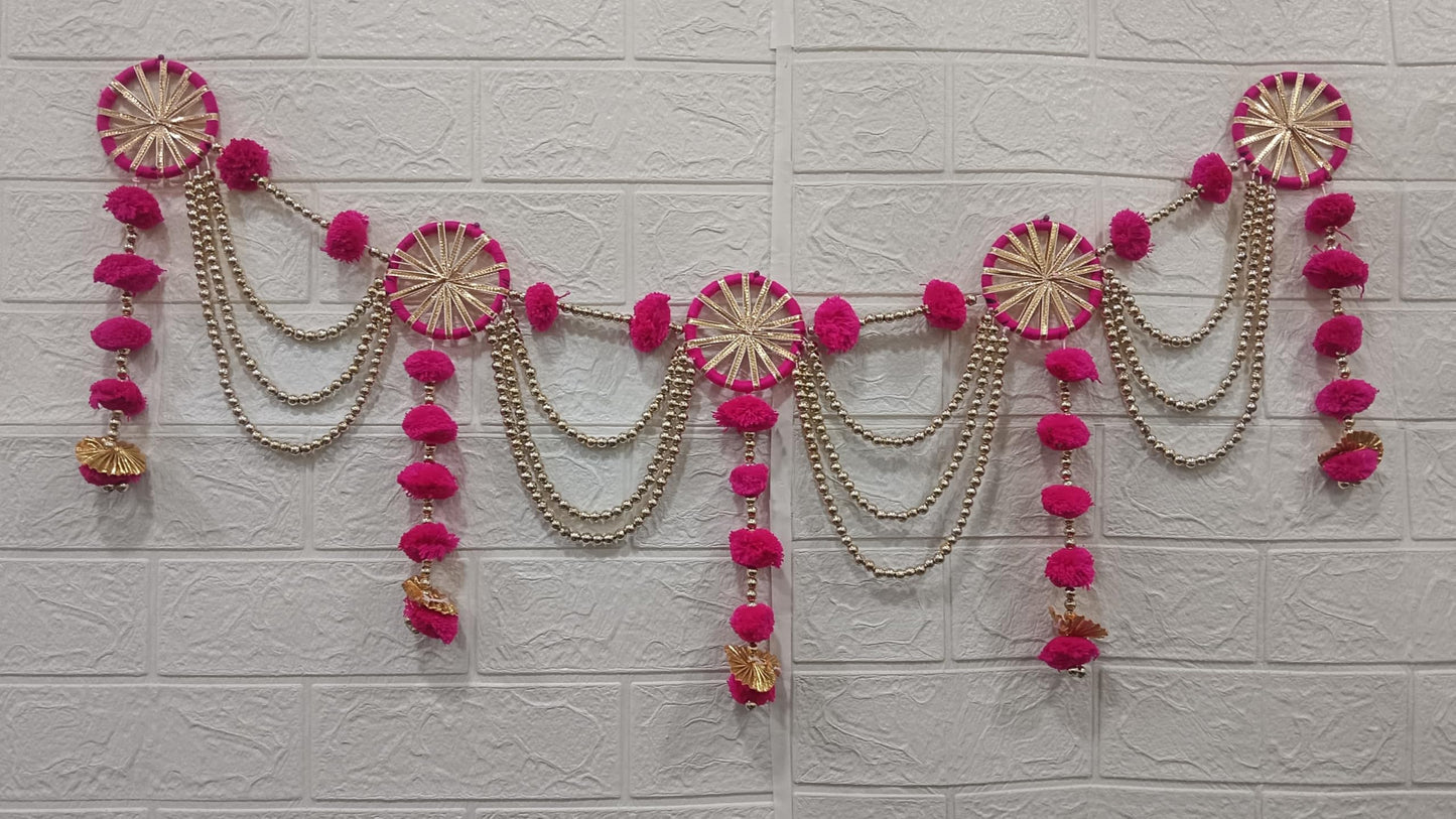 Sellplus Decorative Handcrafted Pom-Pom Beads Bandhanwar | Traditional Jaal Chudi Bell Pom-Pom Multicolour Bandhanwar for Main Door Decoration (Pack of 1) (BDHW499-2 (Pink))