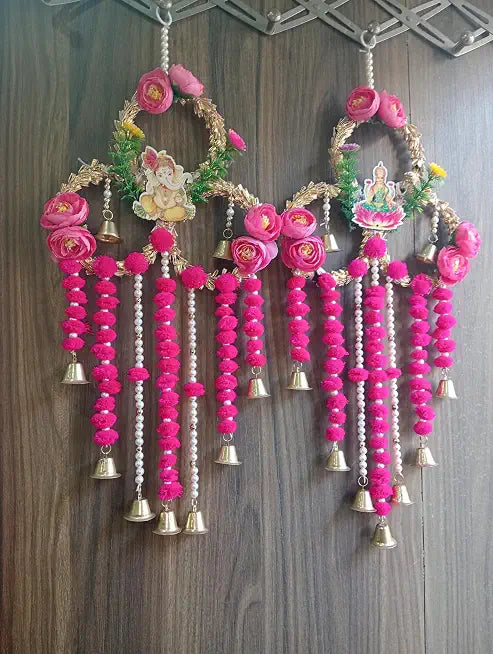 Nutts Handmade Shubh Labh Door Hanging with Ganesh Lakshmi Design Pink Pom Pom Tassels Pearl Strings and Bells Traditional Festive Wall Decor Pack of 2 | SMALL14