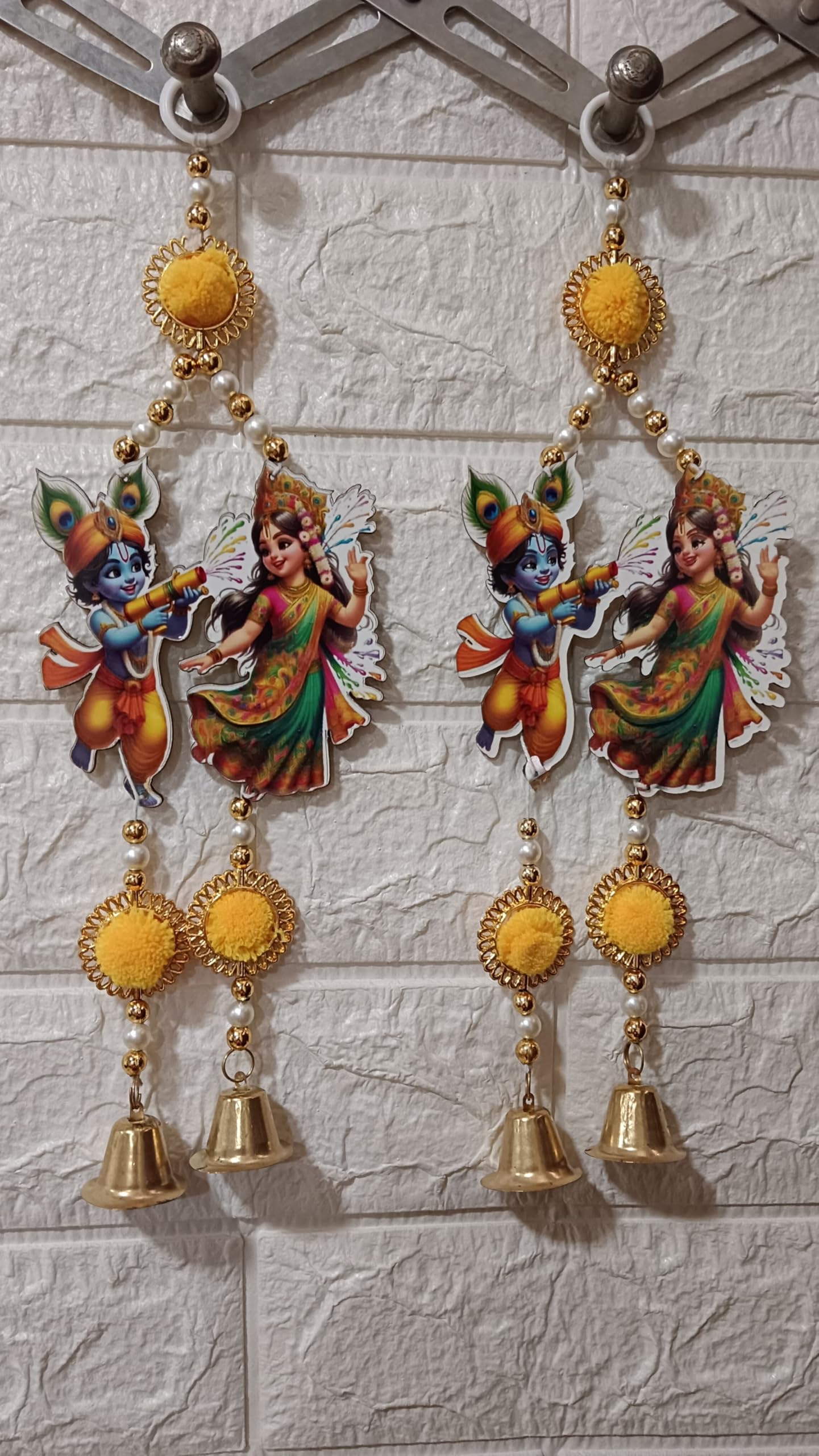 Nutts Decor Radha-Krishna Door Hanging Toran with Pearl Beads, Golden Bell, Yellow Pom pom Traditional Door Decoration Item for Home on Dewali,Holi, Housewarming and Wedding (Pack of 4) (MDF-SH13)