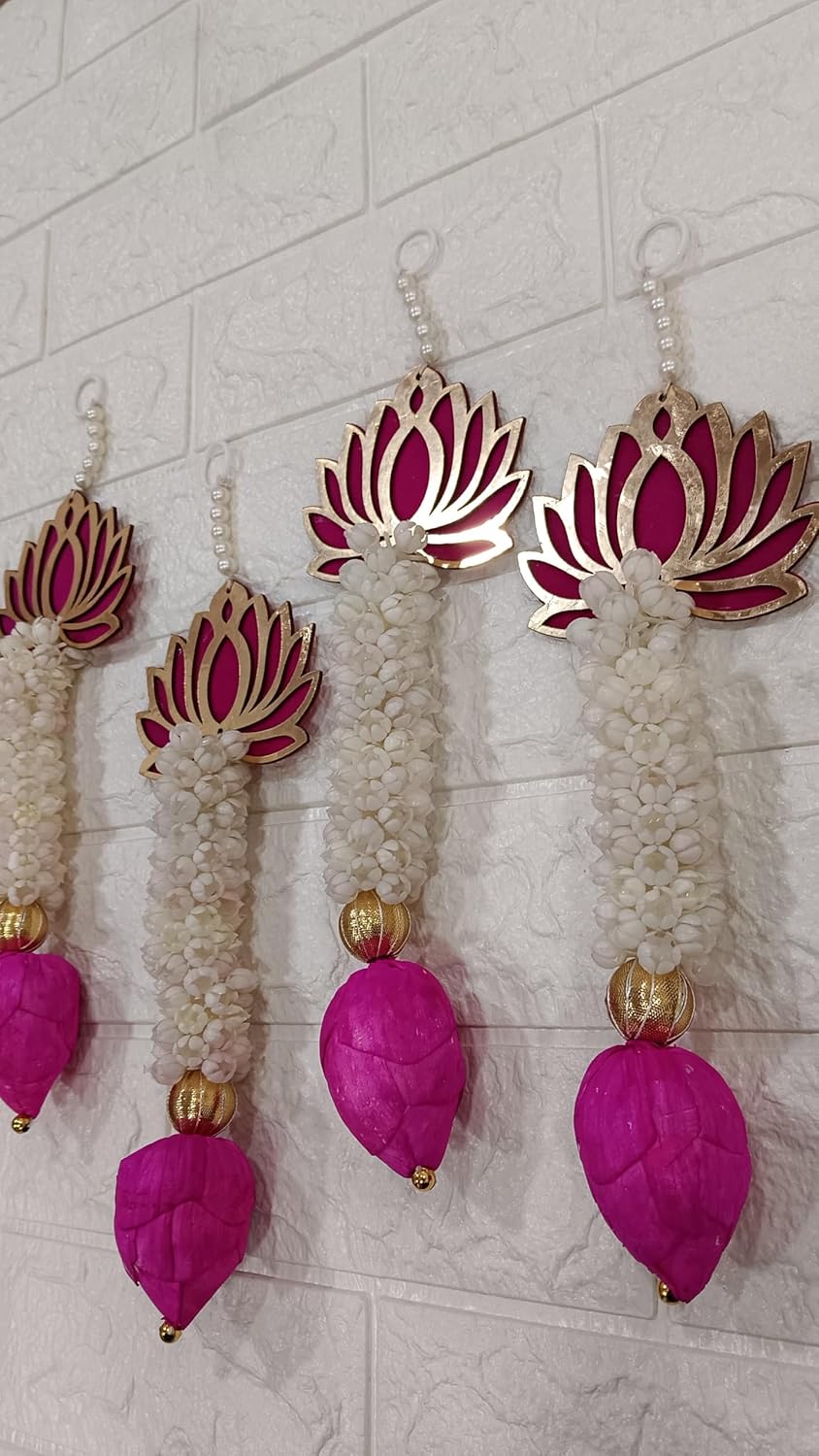 Nutts Lotus Hanging Jasmine (Mogra) with Pink Lotus Buds, Pearls for Festive Pooja | Side Door | Main Docor | Wedding | Housewarming (Griha Pravesh) & Any Festivals (Pack of 6)
