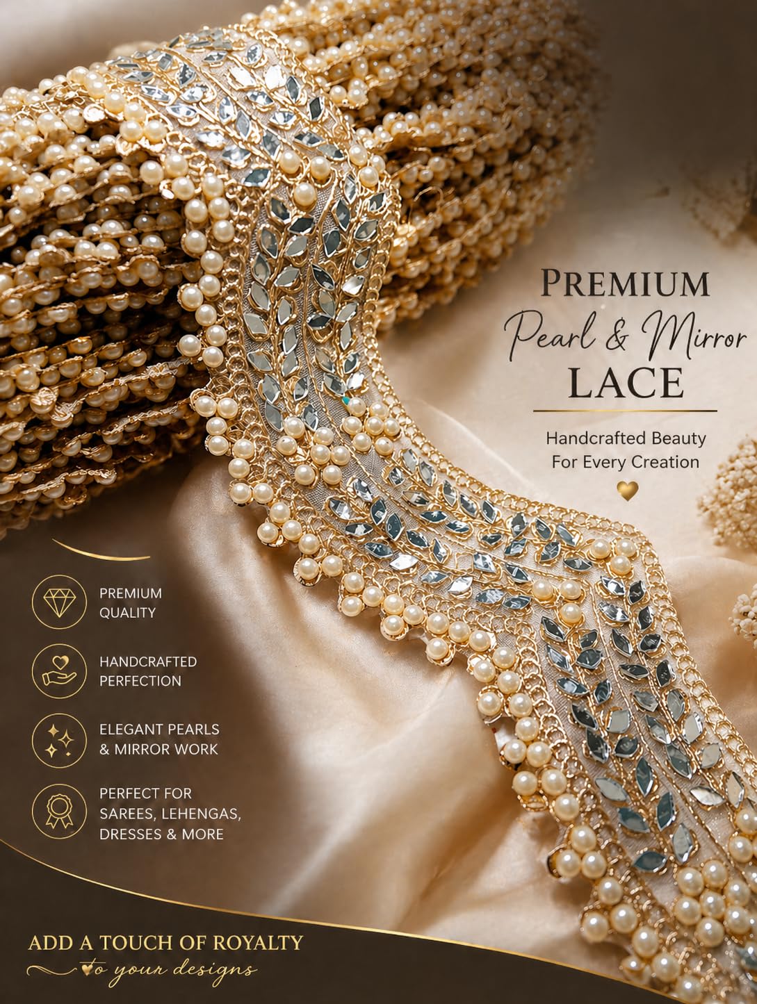 Nutts Decorative Pearl & Mirror Lace Border for Dupatta Suits & Saree Lace Trim Ribbon for Sewing Making and DIY Crafts (RM-LACE08)