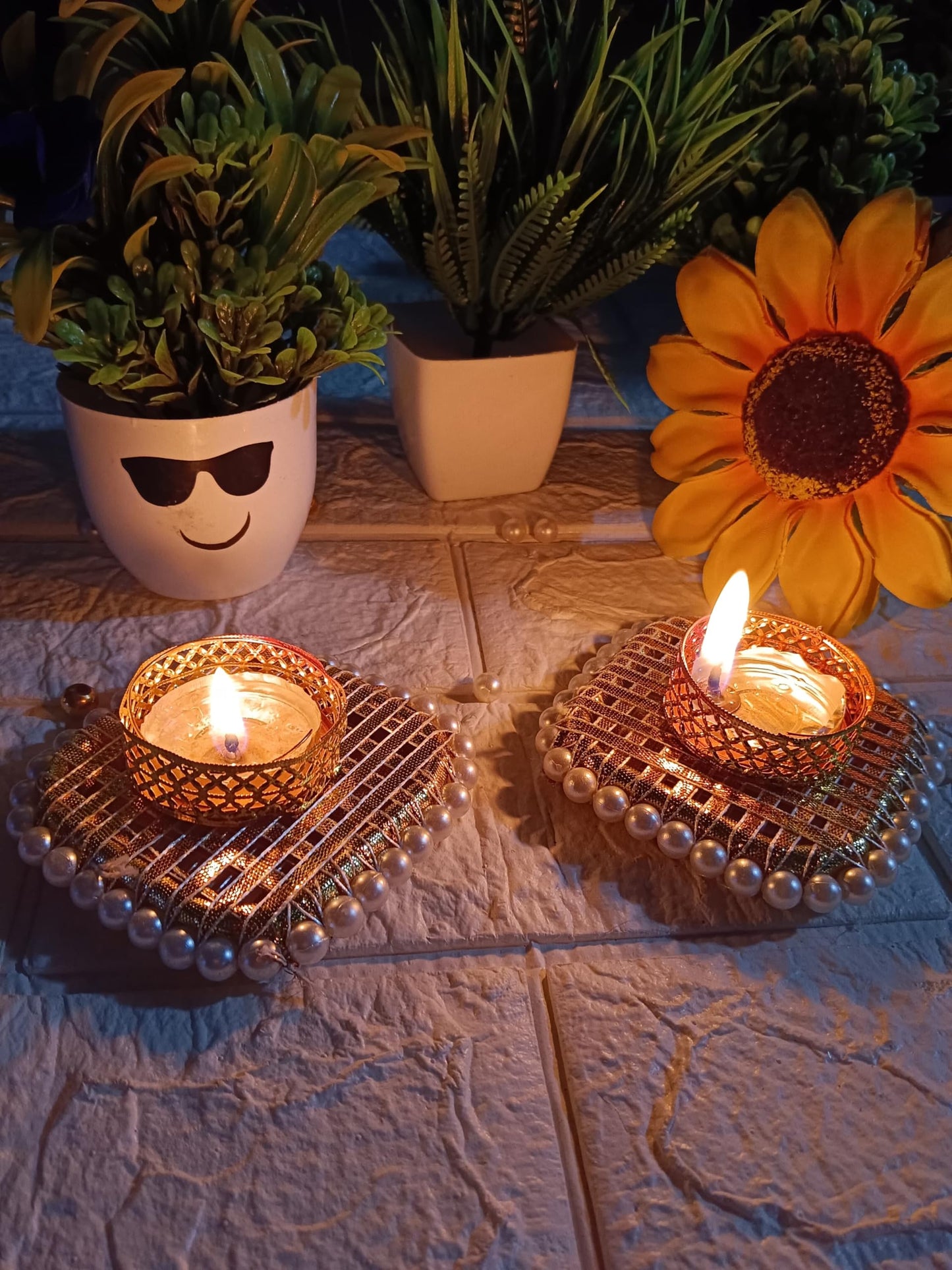 Sellplus Handcrafted Gota Premium Pearl Border Golden Designer Tealight Candle Holder Set with Decorative Square Base for Diwali Pooja Home Décor (Set of 2) (Tealight-216)