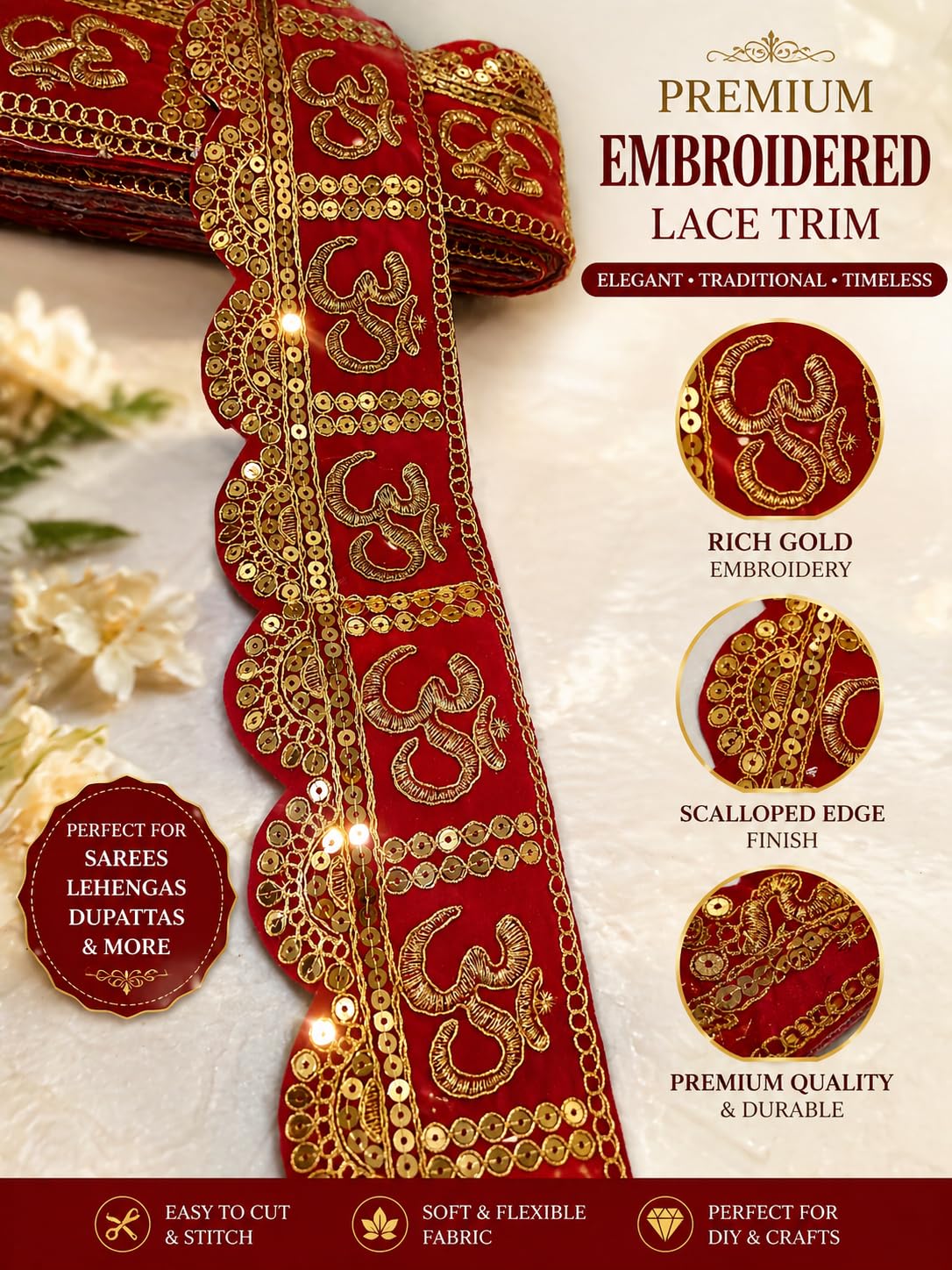 Nutts Decorative Om Lace Border for Dupatta Suits & Saree Lace Trim Ribbon for Sewing Making and DIY Crafts (RM-LACE28)