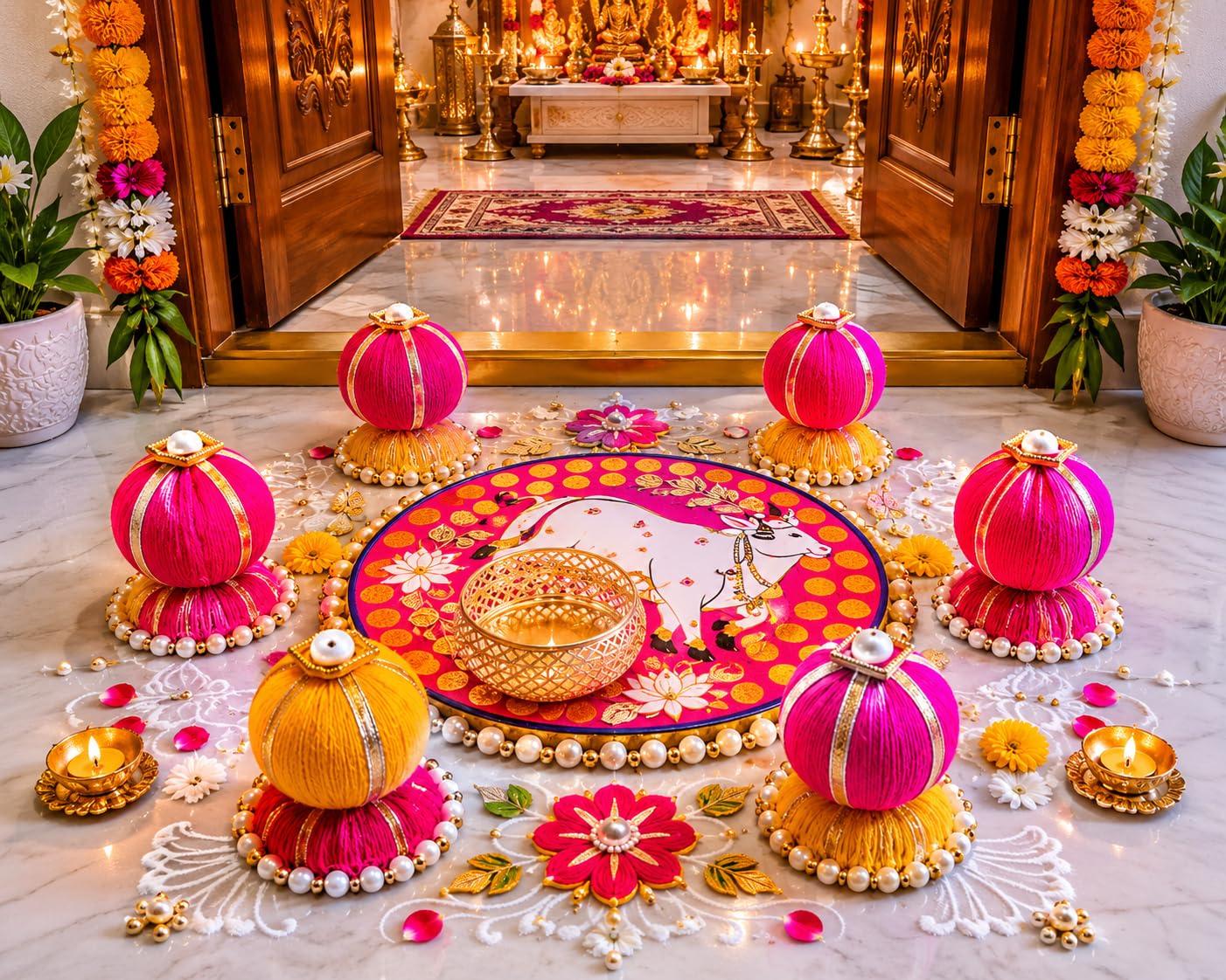 Sellplus Decorative Floral Rangoli Tealight Holder Traditional Festival Floor Decor for Diwali Pooja Home Entrance Living Room Decoration Reusable Design (Rang139)