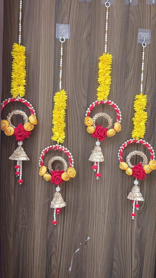 Traditional Shubh Labh Hanging with Paper Gajra & Gota Balls – Perfect for Celebrations | Decorative Shubh labh Hangings | Set of 2, 30 cm Length