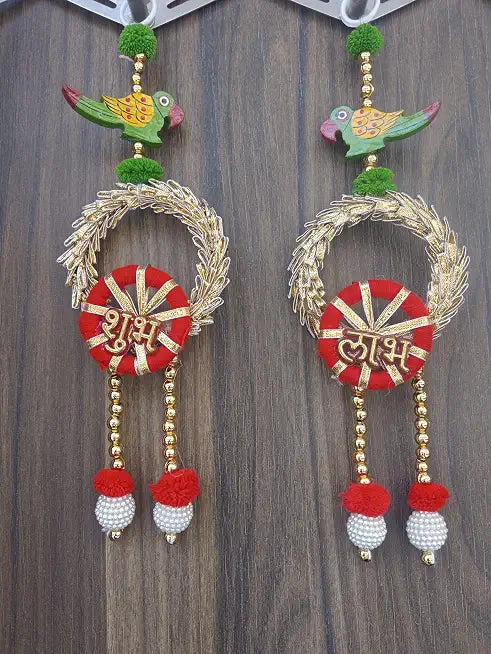 Nutts Handmade Traditional Shubh Labh Door Hanging Wall Decor | Wooden Parrot Design and Lace Chudi Beads Toran for Home Entrance & Pooja Room Decoration Pack of 2 (SMALL111)