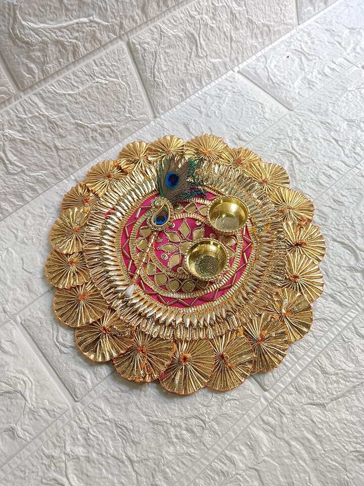 Handmade Decorative Kumkum Chawal with Morpankh Tilak Stick Platter | Roli Chawal Holder for Temple/Rakhi/Welcome Plate/Return Gift/Wedding/Home Pooja Plate