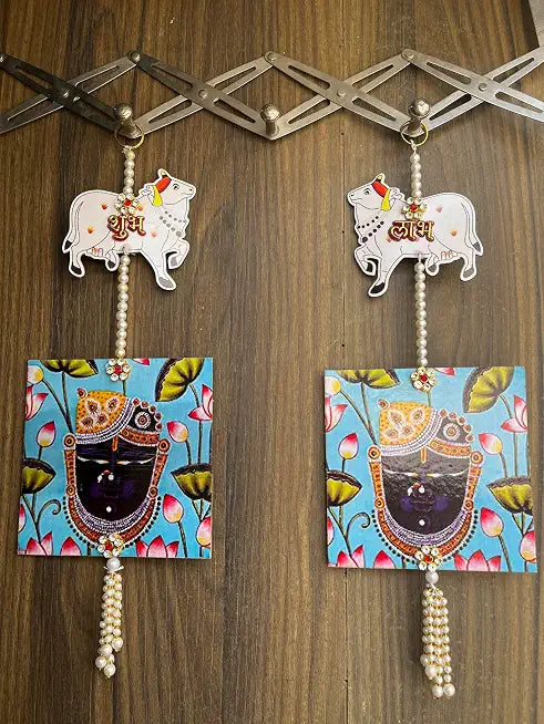 Nutts Shubh Labh Cow Wall Hanging | Shrinathji MDF Latkan Decorative Hanging | Traditional Home Entrance Decor Pack of 2 (SMALL91)