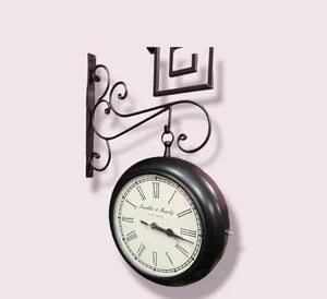 Metal Theme Vintage Double Sided Station Wall Clock with Hanging Stand