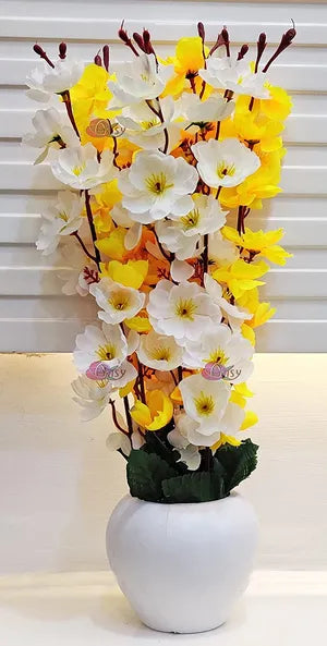 Yellow & White Artificial Cherry Blossom Bonsai Plant with Plastic Pot Bonsai Artificial Plant with Pot (Pack of 1)