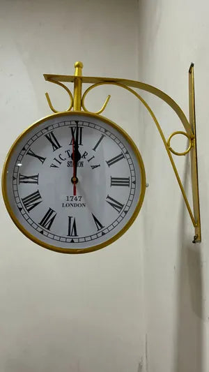 Metal Analog Double Sided Vintage Station Wall Clock (Brass White)