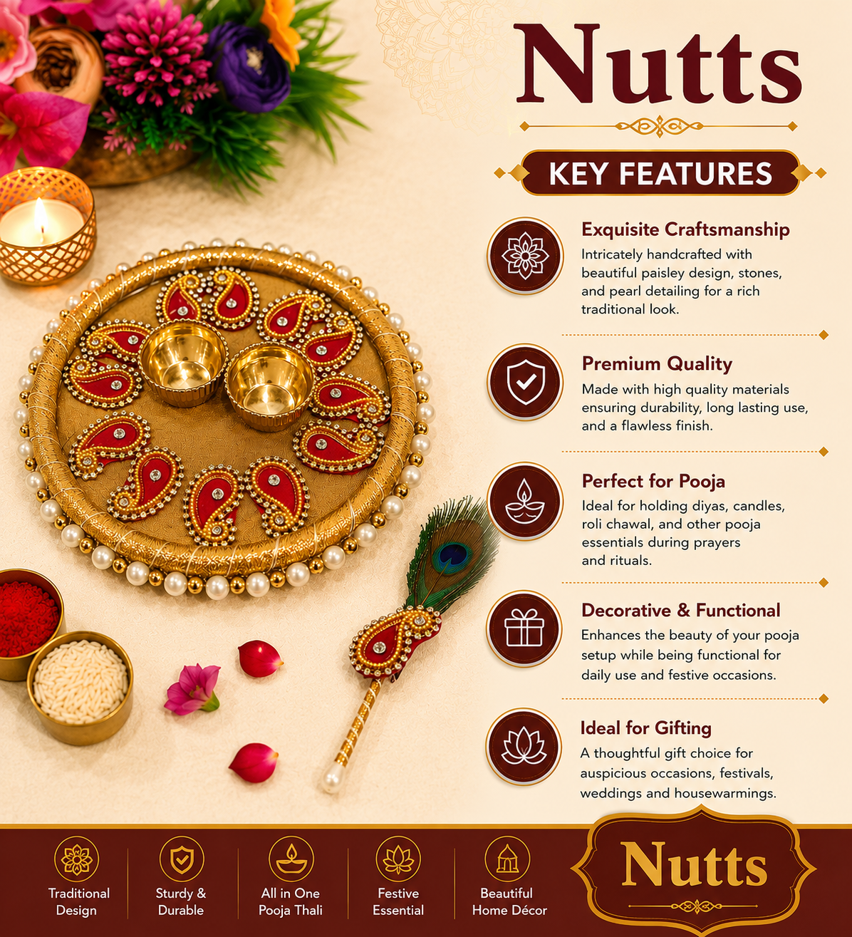 Nutts Decorative Traditional Pooja Festival Prayer with Elegant Design for Daily Worship Temple Home Celebration Spiritual Ritual Use(Pack Of 1) (PoojaP07)