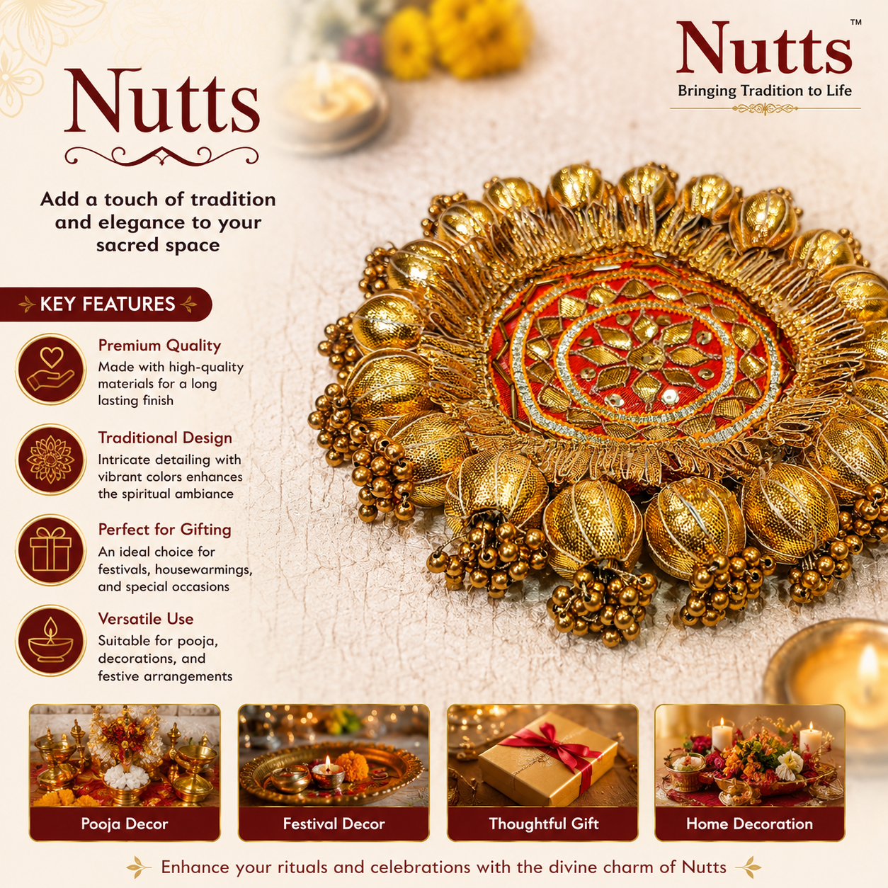 Nutts Decorative Traditional Pooja Thali Elegant Festival Prayer Plate for Home Temple Daily Worship Religious Rituals Festive Decoration (PoojaP03-2)