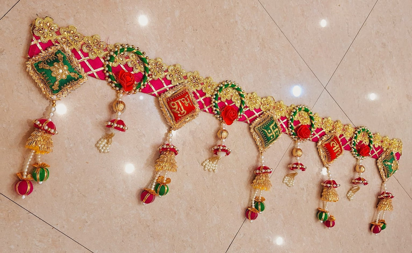 Nutts Decorative Shubh Labh Cushion Pompom Tassel Bandhanwar For Festive Decor Home Decor