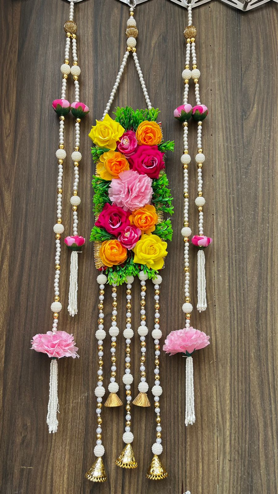 Nutts Handmade Artificial Flower & Beads Wall Hanging Toran | Home Decor Pooja Room Door Hanging Decorative Floral Latkan with Tassel Set of 1 (SMALL101)