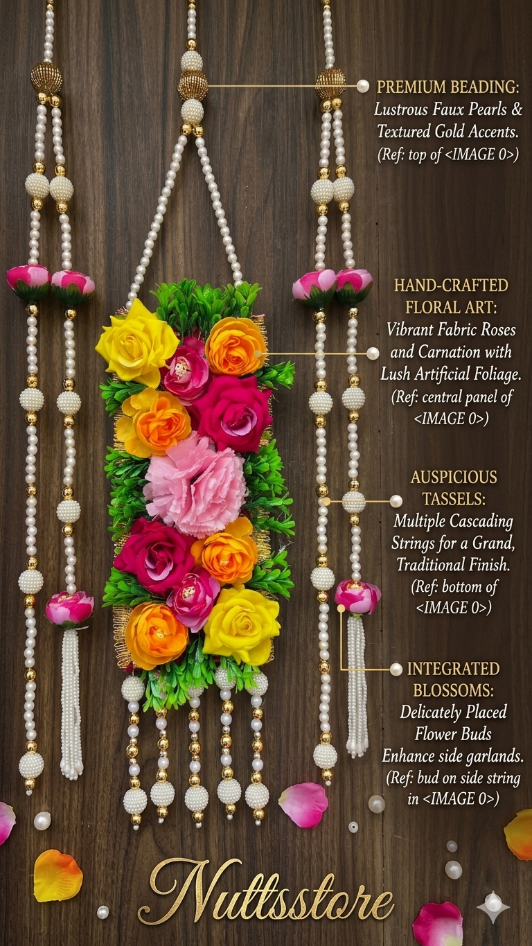 Nutts Handmade Artificial Flower & Beads Wall Hanging Toran | Home Decor Pooja Room Door Hanging Decorative Floral Latkan with Tassel Set of 1 (SMALL101)