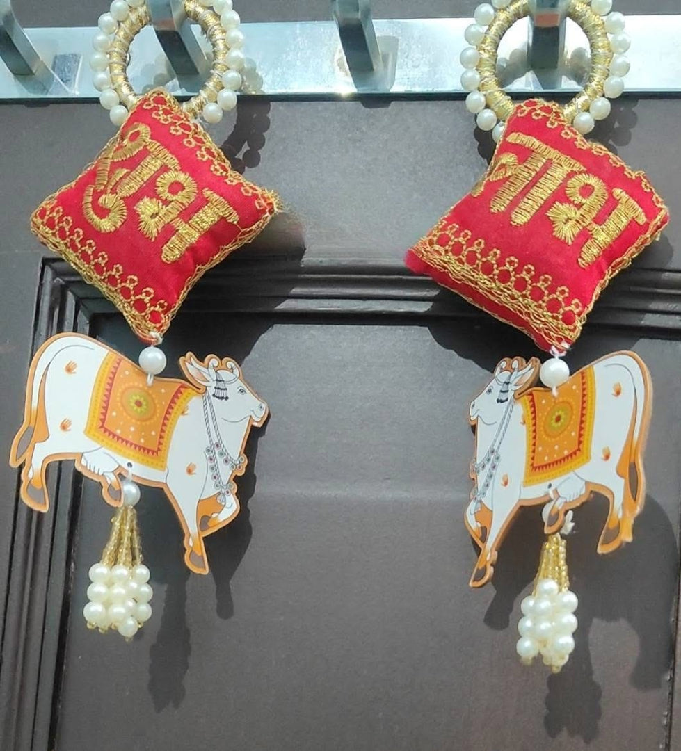 Nutts Decorative Shubh Nandi Cow Pearl Door Hanging Set for Home Entrance Mandir Wall Decor Traditional Pooja Festival Decoration Pack of 2 (Small195)