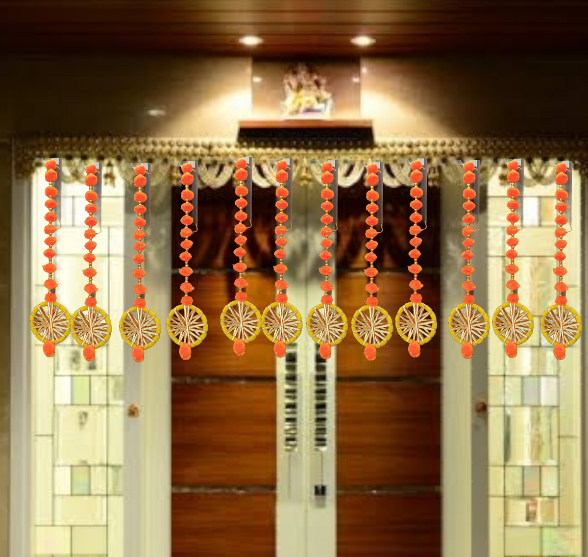 Nutts Handmade Wall Door Pom Pom String with Golden Beads, and Gota Circles Garland Bandhwar Decoration Item for Home Décor Diwali Festival, Navratri, Wedding (12 inch 12 Strings) (SMALL83)