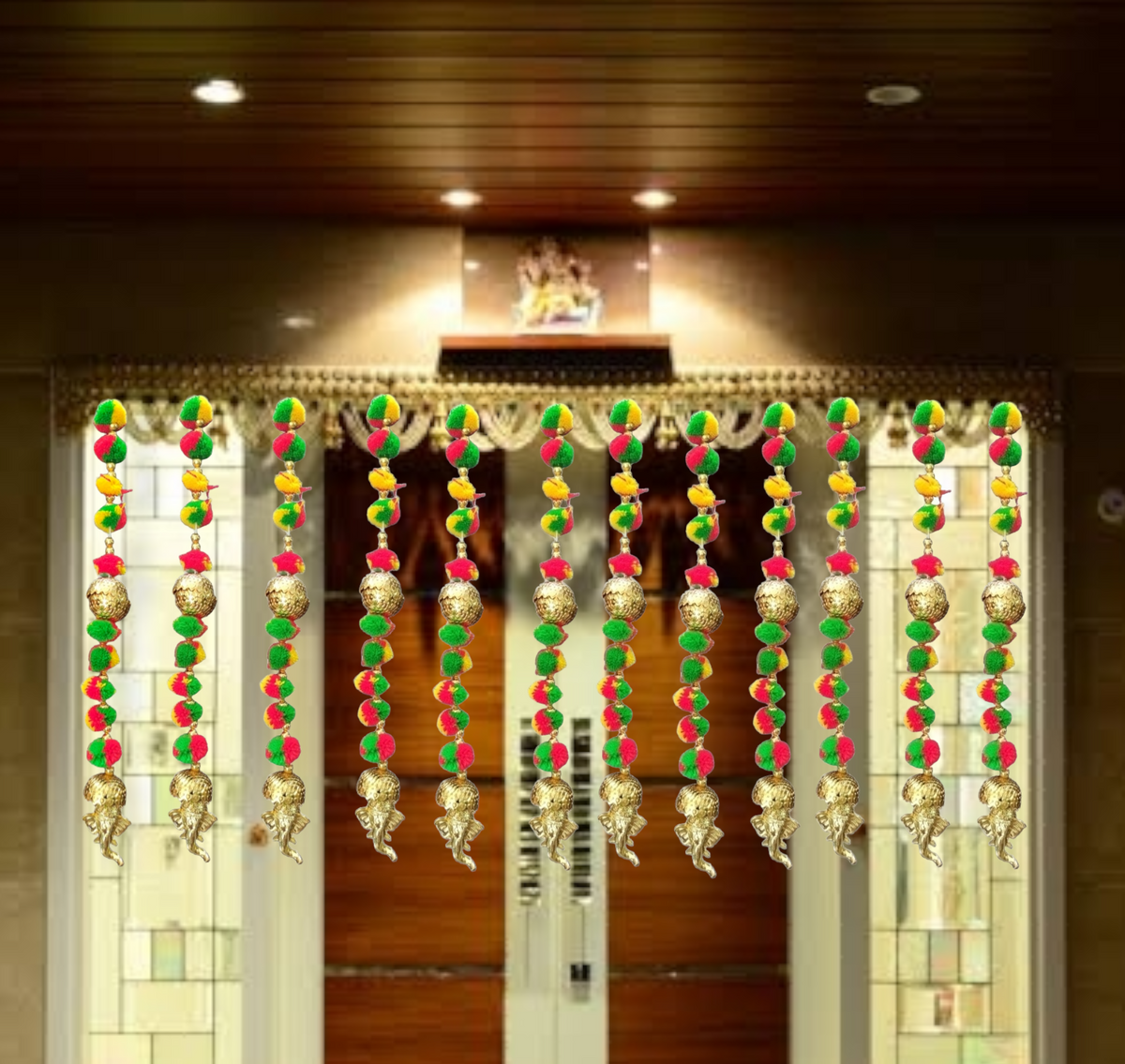 Nutts Handmade Wall Door Pom Pom String with Golden Beads, Ganesha Heads, Garland Bandhwar Decoration Item for Home Décor Diwali Festival, Navratri, Wedding (12 inch 12 Strings) (SMALL85)
