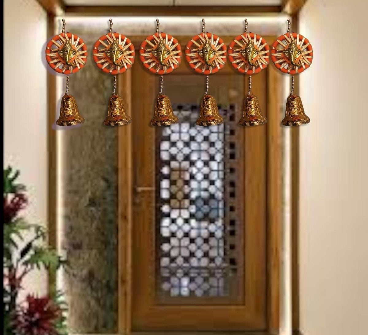 Nutts Handmade Wall Door Red Pom Pom String with Golden Beads, Ganesha Heads, Hanging Torans Decoration Item for Home Décor Diwali Festival, Navratri, Wedding (8 inch 12 Strings) (SMALL93)