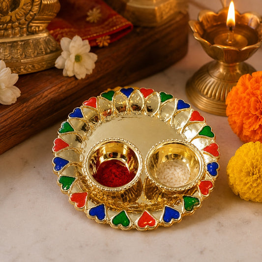 Nutts Decorative Pooja Thali Haldi Kumkum Chandhan Holder Plate Gifts With Small Lord Set for Home & Office Decoration & Gifting (PoojaP15-3))
