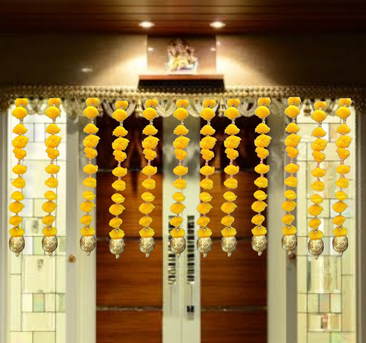 Nutts Handmade Wall Door Pom Pom String with Golden Beads, Ganesha Heads, Garland Bandhwar Decoration Item for Home Décor Diwali Festival, Navratri, Wedding (12 inch 12 Strings) (SMALL82)