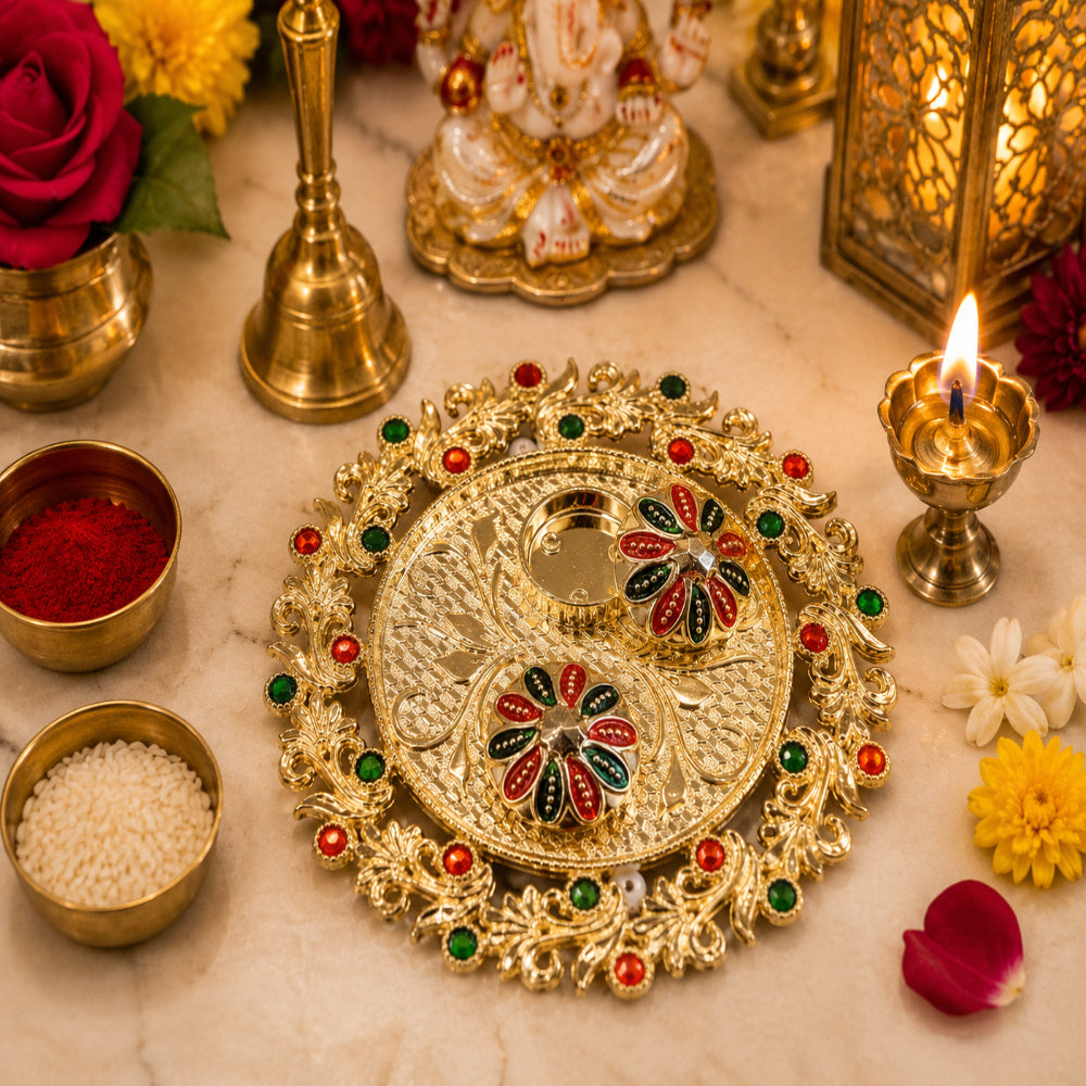 (Combo of 1 Pc Round Tilak Plater & Ganesh Ji) Pooja Thali, Diwali Decoration Sindoor Dibbi for Rakhi Rakshabandhan, Tilak with Kumkum,Haldi Holder Uniqe Decorative Plater