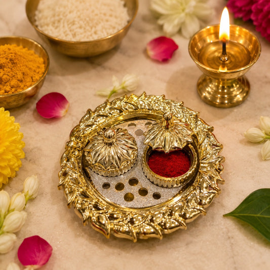 Nutts Decorative Pooja Thali Haldi Kumkum Chandhan Holder Plate Gifts With Small Lord Set for Home & Office Decoration & Gifting (Ganesh Ji Round 02) (PoojaP38-3)