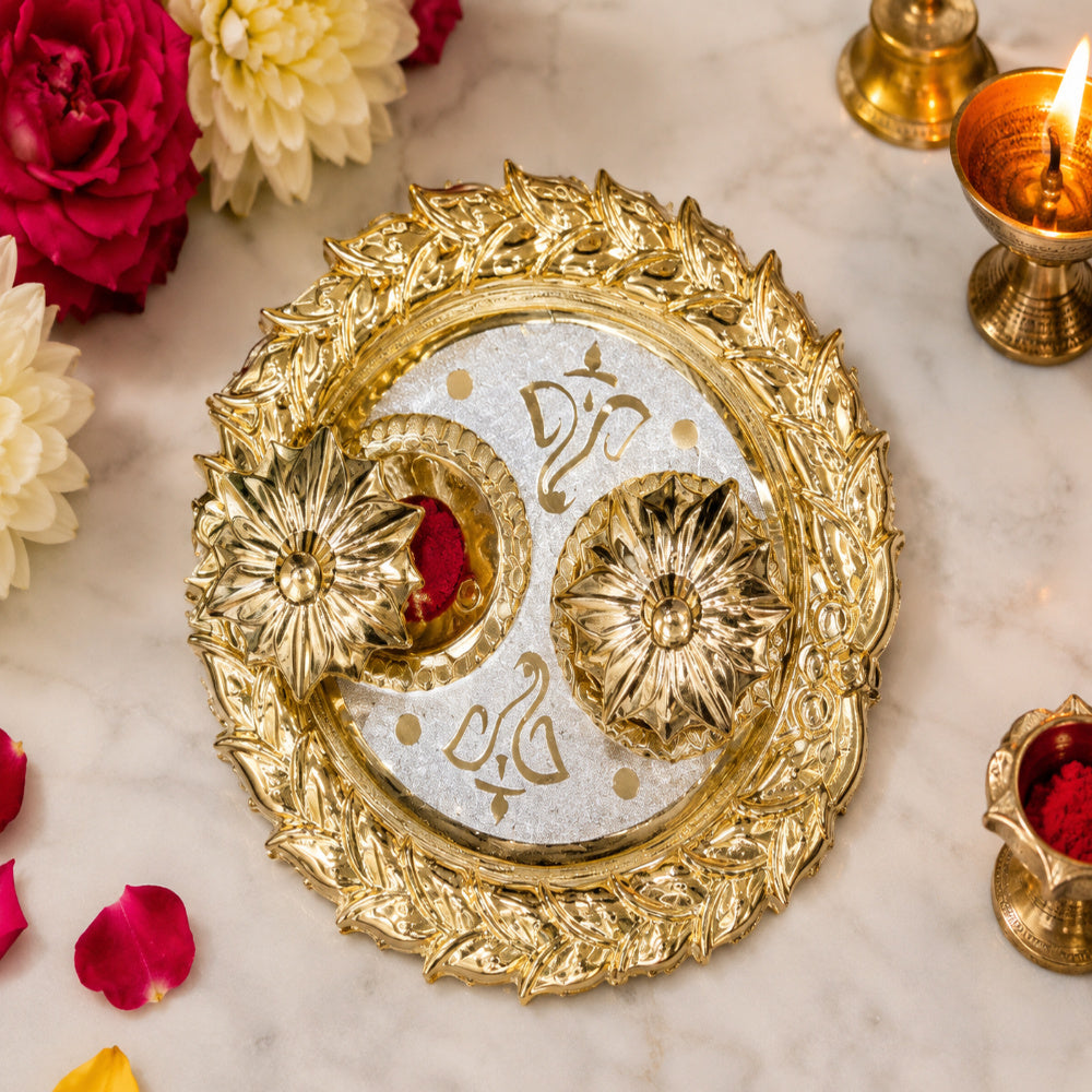 (Combo of 1 Doted Tilak Plater & Kanha Ji) Round Design Traditional Pooja Plater, Sindoor Dibbi for Rakhi Rakshabandhan, Tilak with Kumkum,Haldi Holder Uniqe Decorative Pla