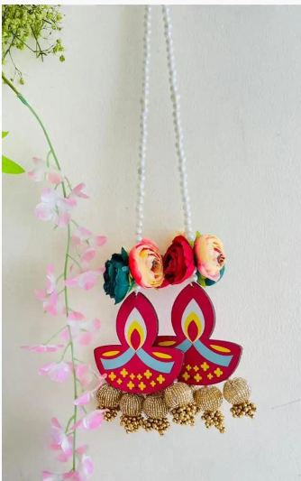 Traditional Diya Hanging with Paper Gajra & Gota Balls Perfect for Celebrations | Decorative Diya Hangings | Diya Hanging with Beads Ball Guccha (Pack of 4)