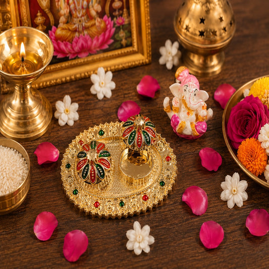 Nutts Decorative Pooja Thali Haldi Kumkum Chandhan Holder Plate Gifts With Small Lord Set for Home & Office Decoration & Gifting (Ganesh Ji Oval) (PoojaP40-2)