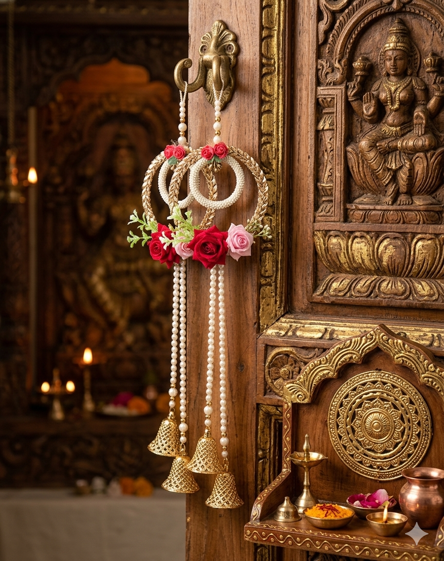 Nutts Artificial Flower Door Hanging Wall Decor Pearl Tassels and Golden Bells Decorative Floral Ring Hanging for Home Entrance Festival Decoration Hanging (Pack of 2)