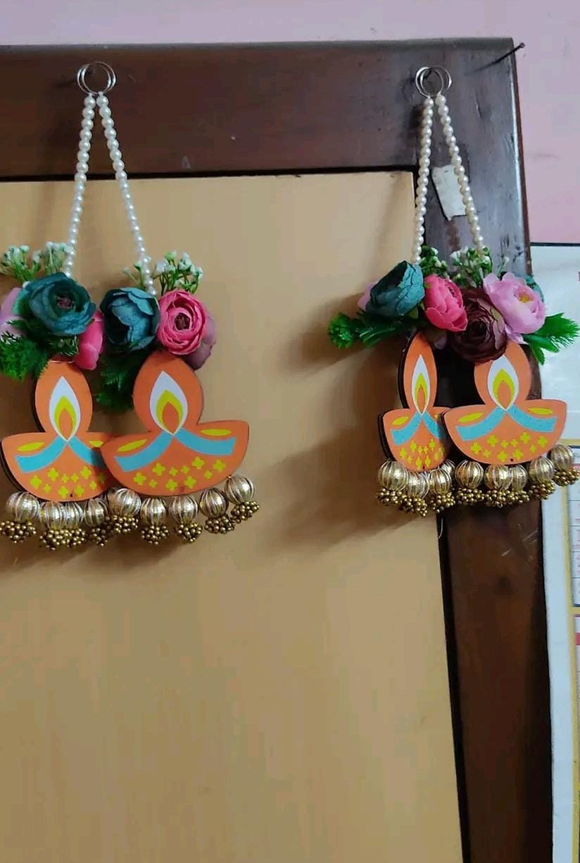Nutts Handmade Diya Door Hanging with Artificial Flowers | Pearl Beads Decorative Wall Hanging for Diwali Festival Home Entrance Decoration (Pack of 2)