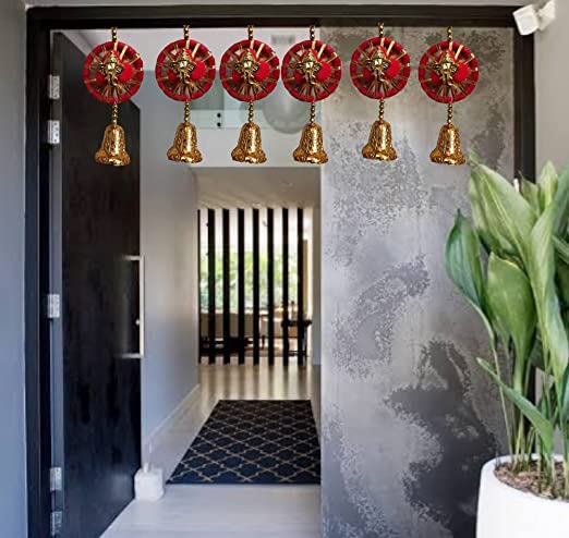 Nutts Handmade Wall Door Red Pom Pom String with Golden Beads, Ganesha Heads, Hanging Torans Garland Bandhwar Decoration Item for Home Décor Diwali Festival, Navratri, Wedding Pack of 12 (SMALL93)