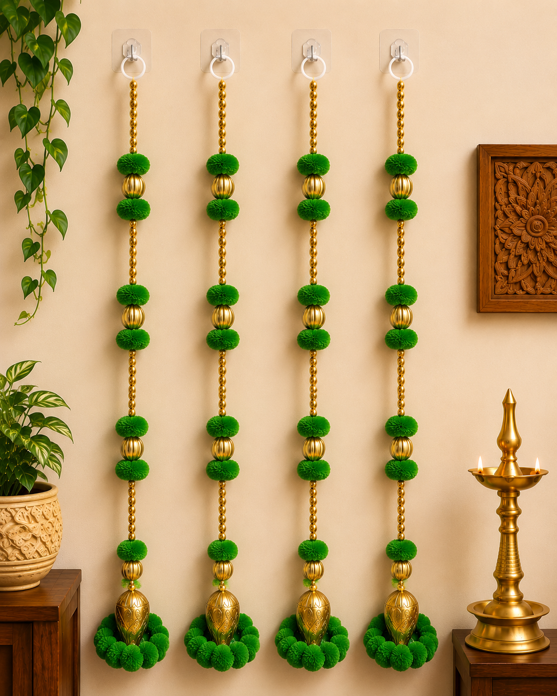 Nutts Handmade Decorative Multicolour Pom-Pom Beads Toran for Decoration | Pom-Pom Beads Bell Toran (PMPMT13-4)