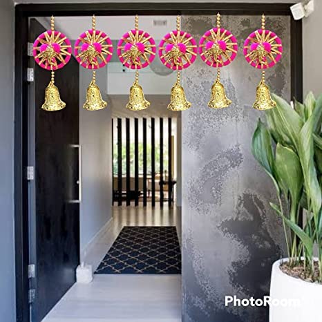 Nutts Handmade Wall Door Red Pom Pom String with Golden Beads, Ganesha Heads, Hanging Torans Decoration Item for Home Décor Diwali Festival, Navratri, Wedding (8 inch 12 Strings) (SMALL93)