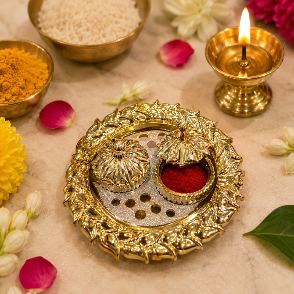 Nutts Decorative Pooja Thali Haldi Kumkum Chandhan Holder Plate Gifts With Small Lord Set for Home & Office Decoration & Gifting (Ganesh Ji) (PoojaP38-1)