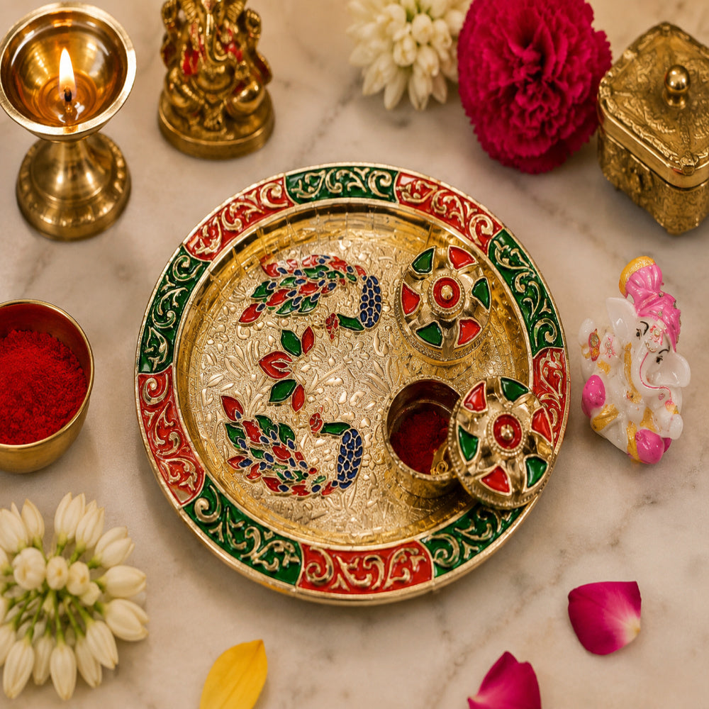 (Combo of 1 Pc Peacock Tilak Plater & Kanha Ji) Pooja Thali, Diwali Decoration Sindoor Dibbi for Rakhi Rakshabandhan, Tilak with Kumkum,Haldi Holder Uniqe Decorative Plater