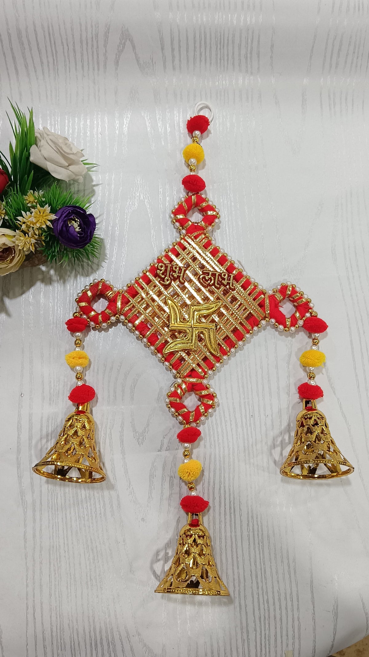 Decorative Subh-Labh Pom - Pom Bell Hanging | Diwali | Marriage | Party | and All Festival Decor | Home | Wall | Main Door | Office | Etc Decoration Item (Pack of 2) (SMALL159)