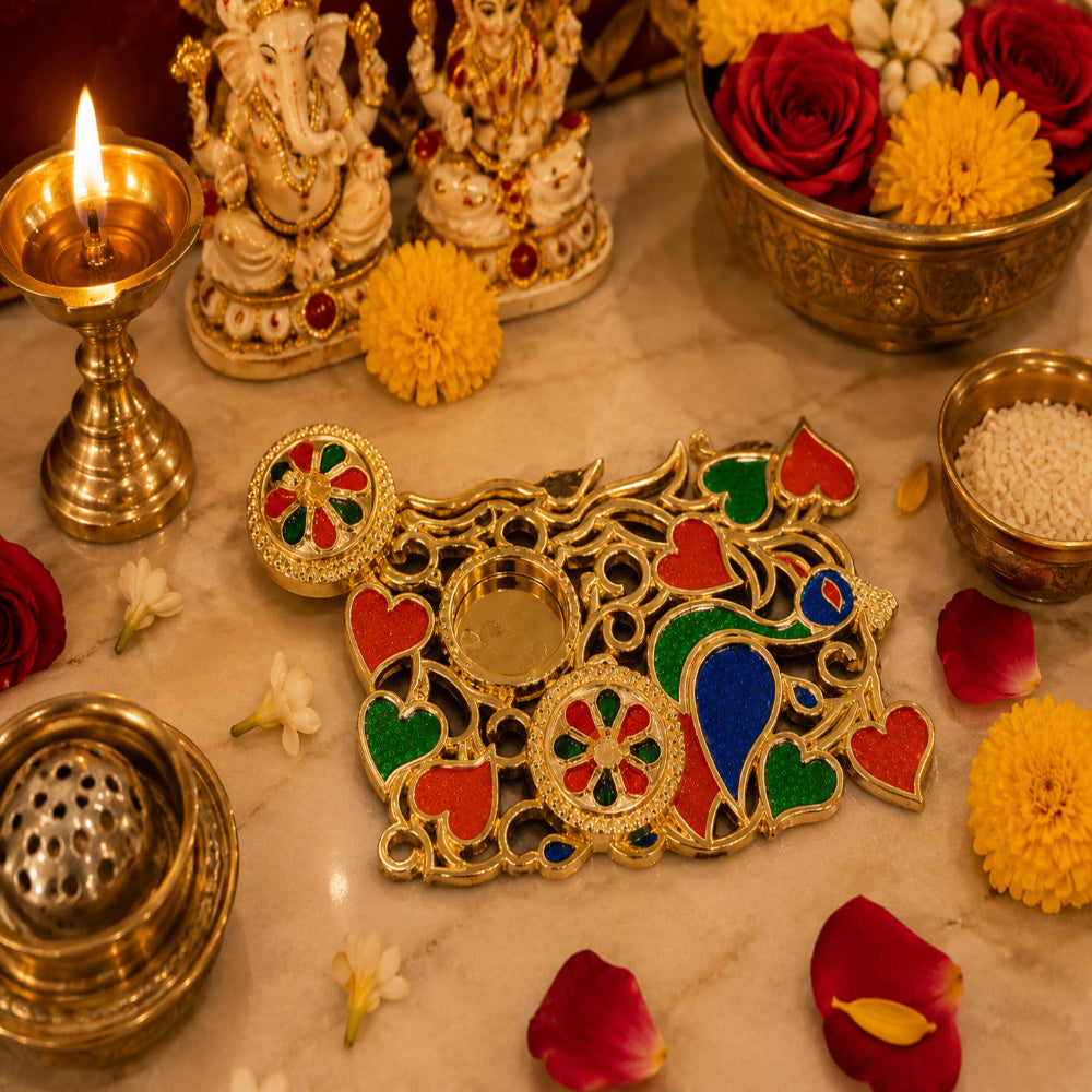 (Combo of 1 Pc Tilak Plater & Laxmi Ji) Petals Pecock Designer Traditional Pooja Plater, Sindoor Dibbi for Rakhi Rakshabandhan, Tilak with Kumkum,Haldi Holder Decorative Plater