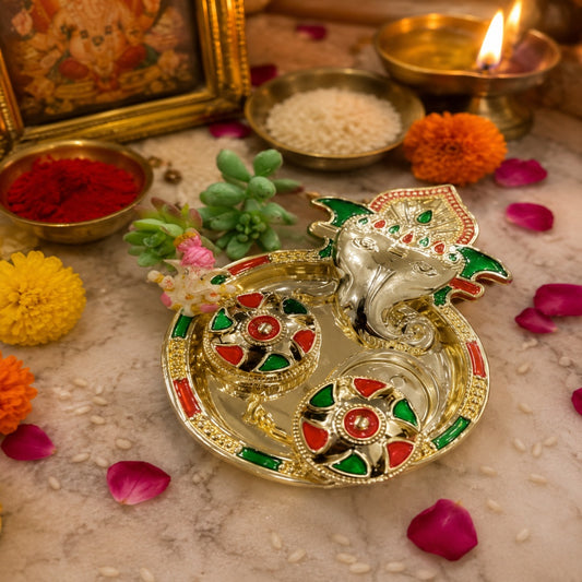 Nutts Decorative Pooja Thali Haldi Roli Chawal Holder Plate Gifts With Small Lord Set for Home & Office Decoration & Gifting (Ganesh Ji ) (PoojaP22-2)