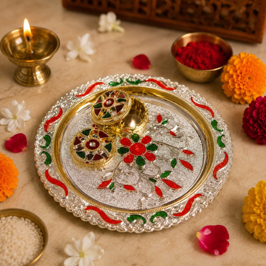 Nutts Decorative Pooja Thali Haldi Kumkum Chandhan Holder Plate Gifts With Small Lord Set for Home & Office Decoration & Gifting (Ganesh Ji) (PoojaP14-3)