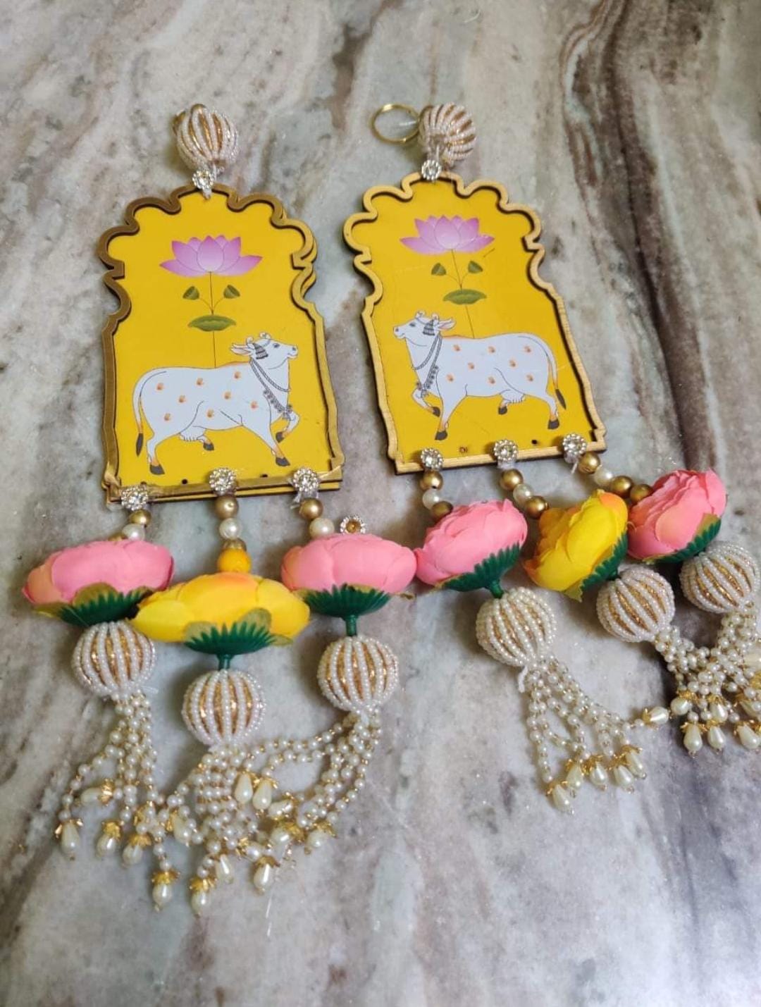 Nutts Handmade Cow Design Lotus MDF Door Hanging | Traditional Decorative Wall Hanging with Pearl Tassels for Home Entrance Festive Decoration (Pack of 2)