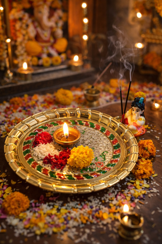 Nutts Decorative Pooja Thali Tilak Content Holder Plate Gifts With Small Lord Set for Home & Office Decoration & Gifting (KrishnaJi Round) (PoojaP25-1)
