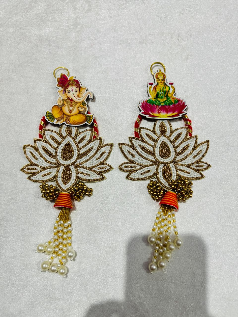 Nutts Decorative Ganesh Lakshmi Pearl Lotus Door Hanging Set for Home Entrance Mandir Wall Decor Diwali Pooja Festival Decoration (Pack of 2) (Small179)